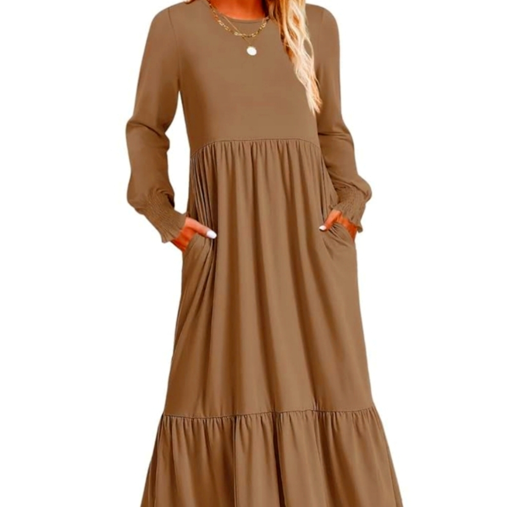 Women's Spring Long Sleeve Dress Crewneck Casual Loose Pleated Tiered Swing Midi